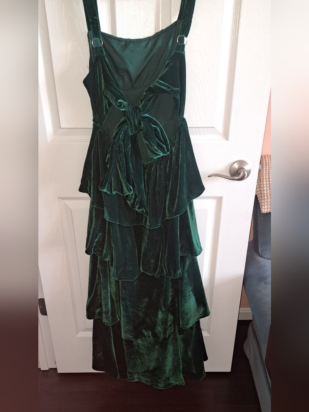 Green Velvet Tiered Maxi Dress, S - Picture 4 of 7